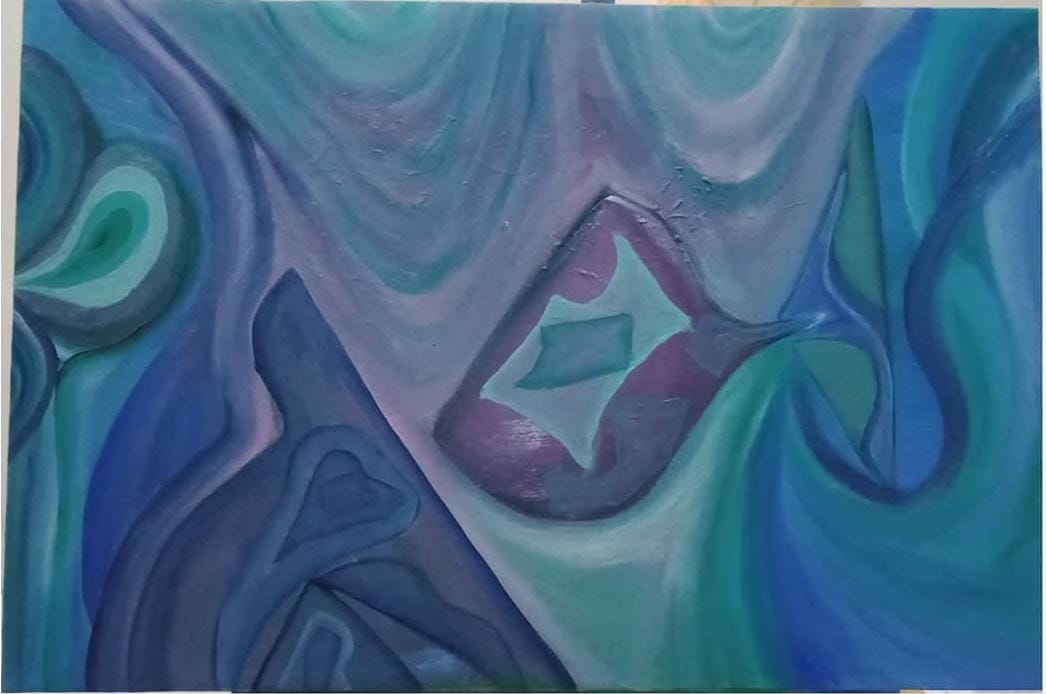 "Komposisi Sepi" (Acrylic on Canvas, 50 x 75 cm) warna dingin - Madno, 2020